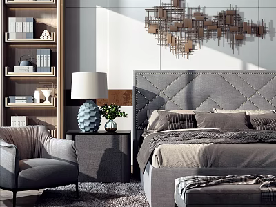 Modern Bedroom Interior With Gray Tufted Headboard Double Bed Nightstand Lamp And Geometric Wall Art 3d model