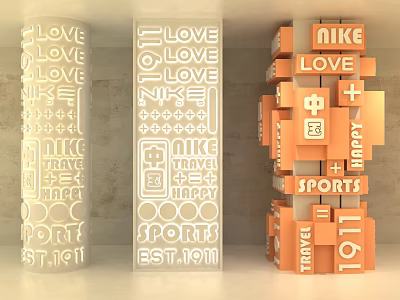 Decorative Columns With LOVE Nike SPORT Travel EST 1971 Text And Stacked Blocks 3d model