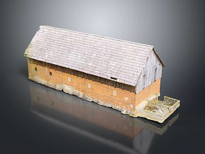 Traditional Rural Building With Red Brick Walls Gray Tiled Roof And Wooden Siding 3d model