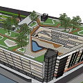 Modern Office Building With Glass Facades Internal Courtyard Green Lawn And Water Pool