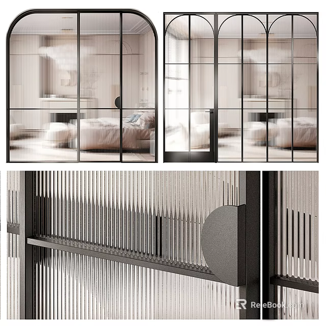 Modern Glass Sliding Doors with Black Frames Vertical Stripes and Round Accents for Interior Partition 3d model 