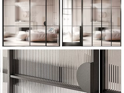 Modern Glass Sliding Doors with Black Frames Vertical Stripes and Round Accents for Interior Partition 3d model