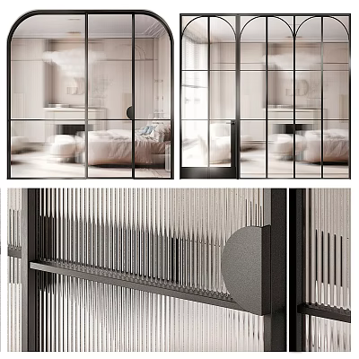 Modern Glass Sliding Doors with Black Frames Vertical Stripes and Round Accents for Interior Partition 3d model