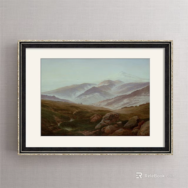 Framed Scenic Landscape Painting Featuring Distant Mountains Grassland And Rocks 3d model 
