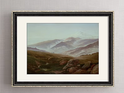 Framed Scenic Landscape Painting Featuring Distant Mountains Grassland And Rocks 3d model