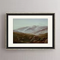 Framed Scenic Landscape Painting Featuring Distant Mountains Grassland And Rocks