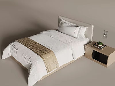 Modern Single Bed With White Sheets Brown Blanket And Wooden Nightstand With Lamp Books 3d model