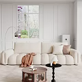Beige Two-seater Sofa in Modern Living Room with Brown Blanket Checkered Pillows and Floor Lamp