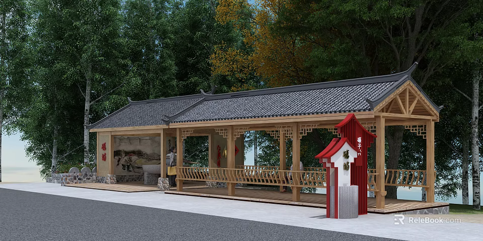 Chinese Garden Landscape Featuring Traditional Wooden Pavilion Black Tiled Roof And Red Decorations 3d model 