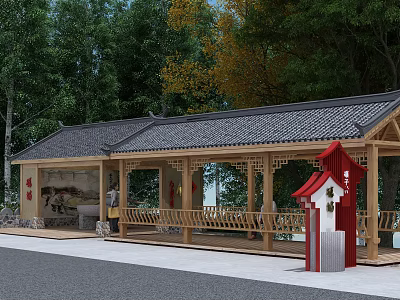 Chinese Garden Landscape Featuring Traditional Wooden Pavilion Black Tiled Roof And Red Decorations 3d model