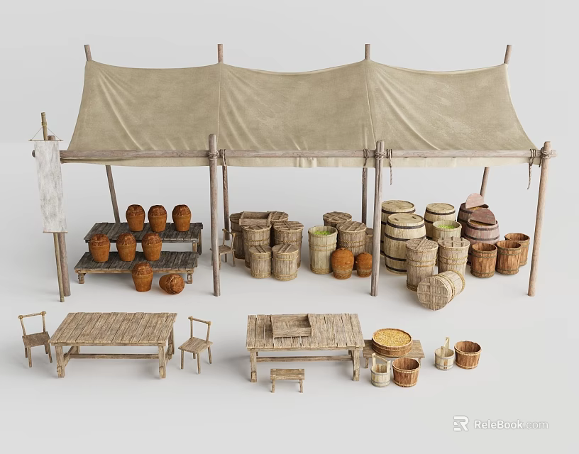 Traditional Outdoor Market Stall with Canvas Tent Wooden Tables and Clay Pots 3d model 