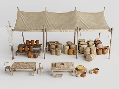 Traditional Outdoor Market Stall with Canvas Tent Wooden Tables and Clay Pots 3d model