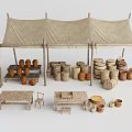 Traditional Outdoor Market Stall with Canvas Tent Wooden Tables and Clay Pots