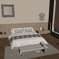 Minimalist Modern Bedroom With Wooden Headboard Striped Pillows Bench And Herringbone Floor