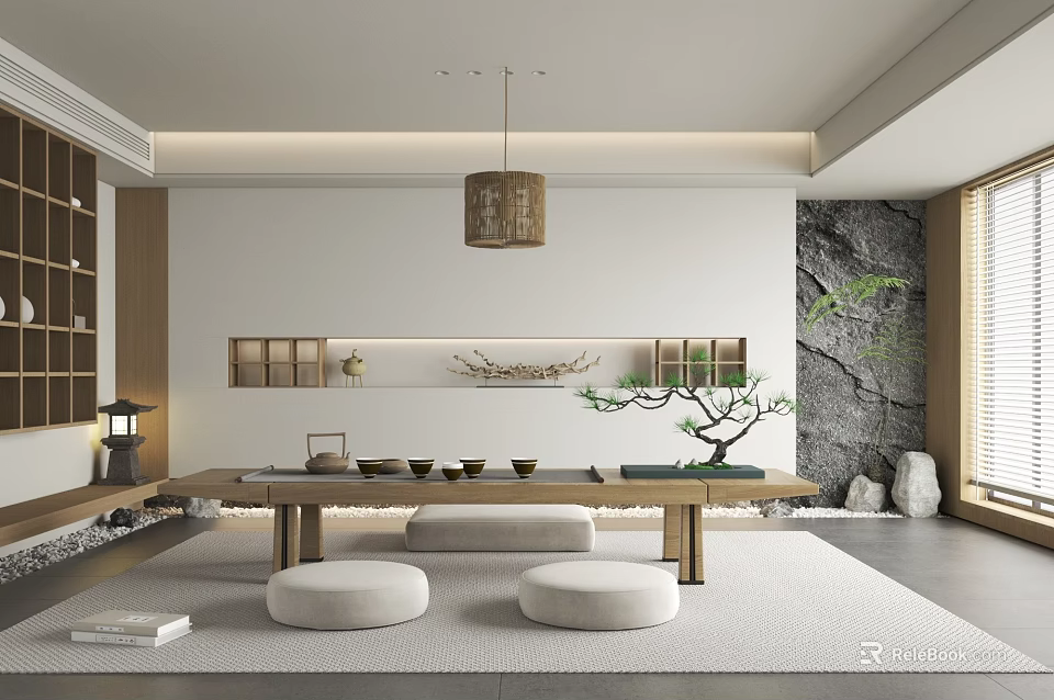 Traditional Tea Room Interior Design With Wooden Tea Table Floor Cushions And Decorative Plant 3d model 
