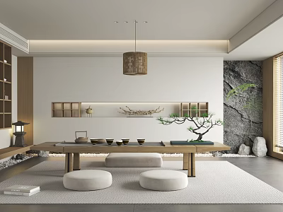 Traditional Tea Room Interior Design With Wooden Tea Table Floor Cushions And Decorative Plant 3d model