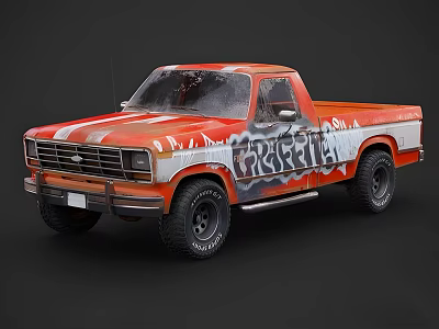 Vintage Orange and White Truck With Rustelle Graffiti Design And Large Off-Road Tires 3d model