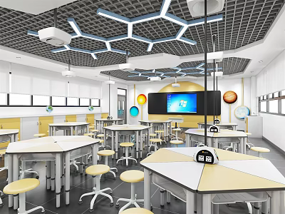 School Classroom With Hexagonal Ceiling White Tables Stools Multimedia Screen And Planet Models 3d model