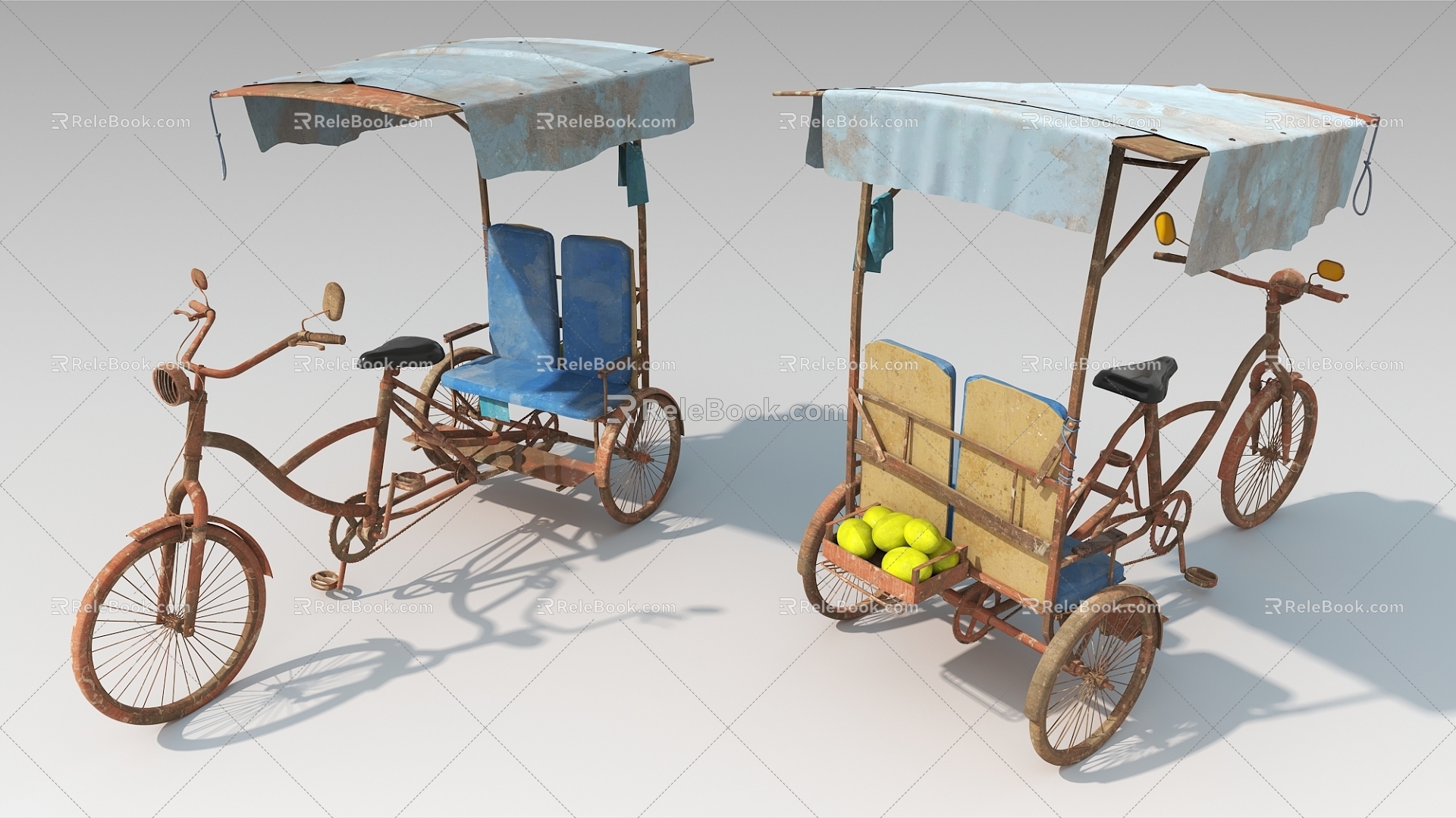 Passenger car, old tricycle, rickshaw, human tricycle, living goods 3d model