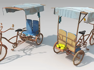 Vintage Functional Tricycles With Canopies Blue Seats And Fruit Baskets 3d model