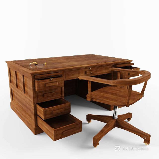 Elegant Wooden Desk With Drawers Chair And Glasses On Top 3d model 