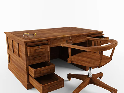Elegant Wooden Desk With Drawers Chair And Glasses On Top 3d model