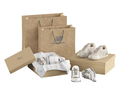 New Balance White Sneakers With Shopping Bags And Open Shoe Boxes 3d model