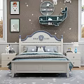 Kids Bed With White Frame Blue Accents Star Moon Wall Decor And White Wardrobe
