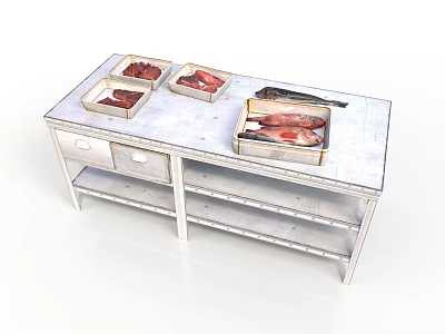 Fresh Meat and Fish Displayed on Stainless Steel Workbench with Metal Trays 3d model