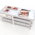 Fresh Meat and Fish Displayed on Stainless Steel Workbench with Metal Trays