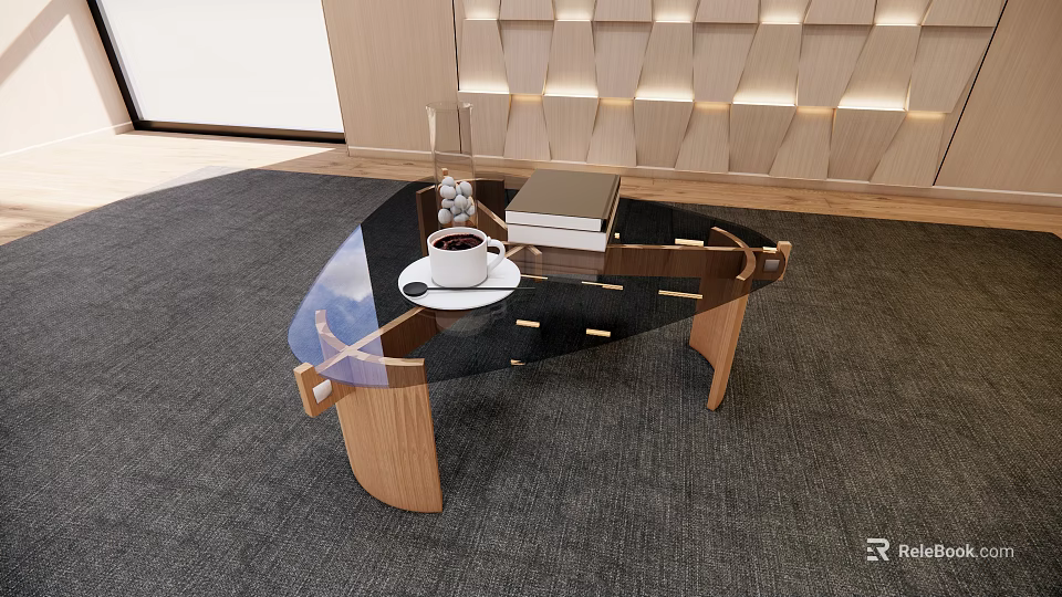 Living Room Interior With Black Glass Coffee Table Wooden Base And Decorative Items 3d model 
