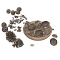 Wooden Bowl Filled With Nuts Scattered Walnuts Pine Cones And Nut Shells Around 3d model