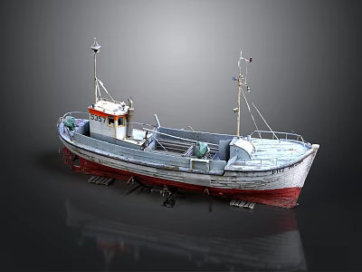 White and Red Fishing Boat with Masts and Cabin for Water Transport 3d model