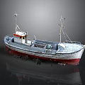 White and Red Fishing Boat with Masts and Cabin for Water Transport