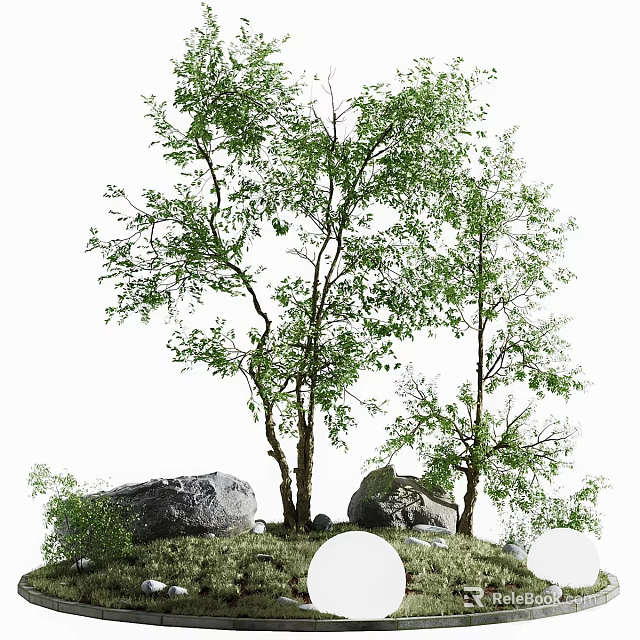 Tall trees with green leaves and trunks standing on grassy ground beside large rocks 3d model 