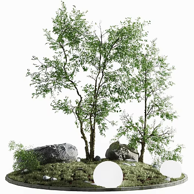 Tall trees with green leaves and trunks standing on grassy ground beside large rocks 3d model