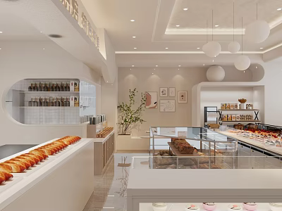 Modern Dessert Shop Interior With Glass Display Cases Fresh Pastries And Decorative Plants 3d model