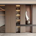Modern Wine Cabinet With Glass Doors Wooden Panels And Decorative Sculpture