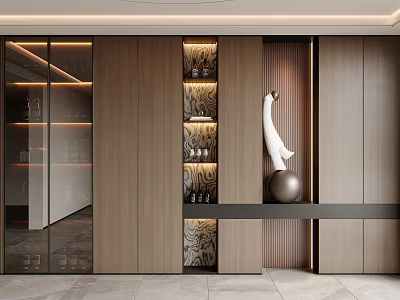 Modern Wine Cabinet With Glass Doors Wooden Panels And Decorative Sculpture 3d model