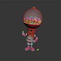 Red Robot With Gumball Machine Head Holding Colorful Candy Balls Scattered On Floor