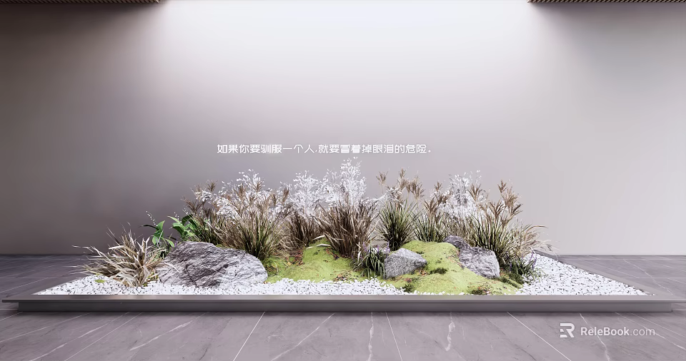 Artificial Landscape Plant Arrangement With Various Grasses Stones Moss And White Pebbles 3d model 
