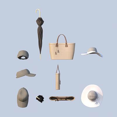 Stylish Daily Living Accessories Featuring Woven Tote Bag Casual Hats Umbrella And Foldable Umbrella Case 3d model