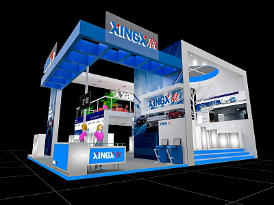 Modern XINGX Exhibition Booth With Blue Canopy Interior Display And Stairs Design 3d model