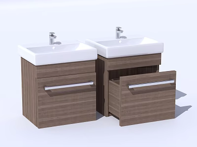 Double Washbasin Vanity Units With White Countertop And Wooden Cabinet Open Drawer 3d model