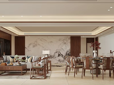 Chinese Style Living Dining Room Interior With Marble Wall Wooden Furniture Sofa And Dining Chairs 3d model