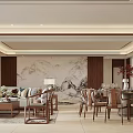Chinese Style Living Dining Room Interior With Marble Wall Wooden Furniture Sofa And Dining Chairs