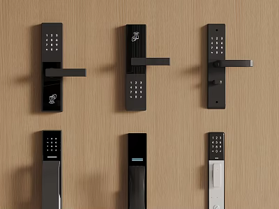 Smart Door Locks Different Styles On Wooden Background 3d model