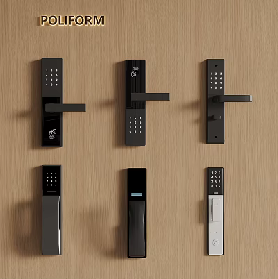 Smart Door Locks Different Styles On Wooden Background 3d model