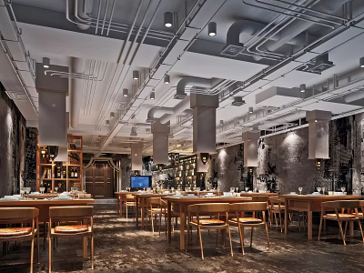 Modern Hot Pot Restaurant Interior With Spacious Dining Area Wooden Tables And Comfortable Chairs 3d model