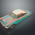 Old Rusty Turquoise Vintage Car With Beige Roof And Classic Design